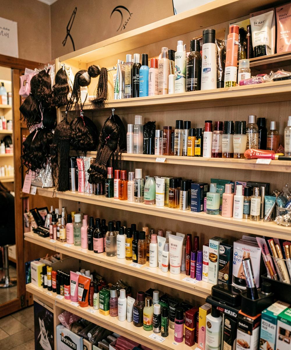 Shelves of hair and beauty products in a specialist shop