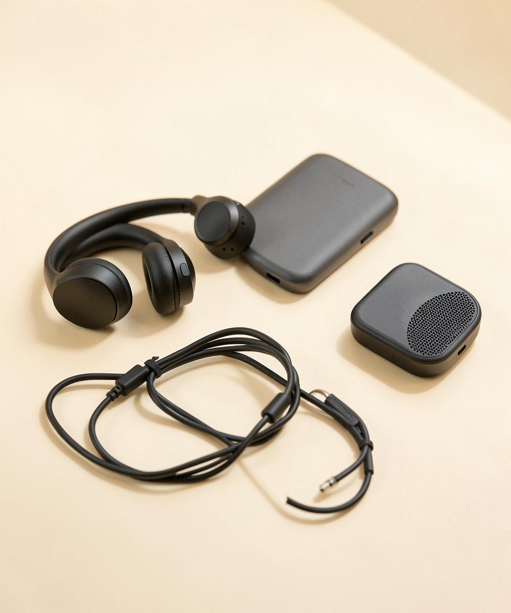 Headphones, cables, a power bank and a small speaker
