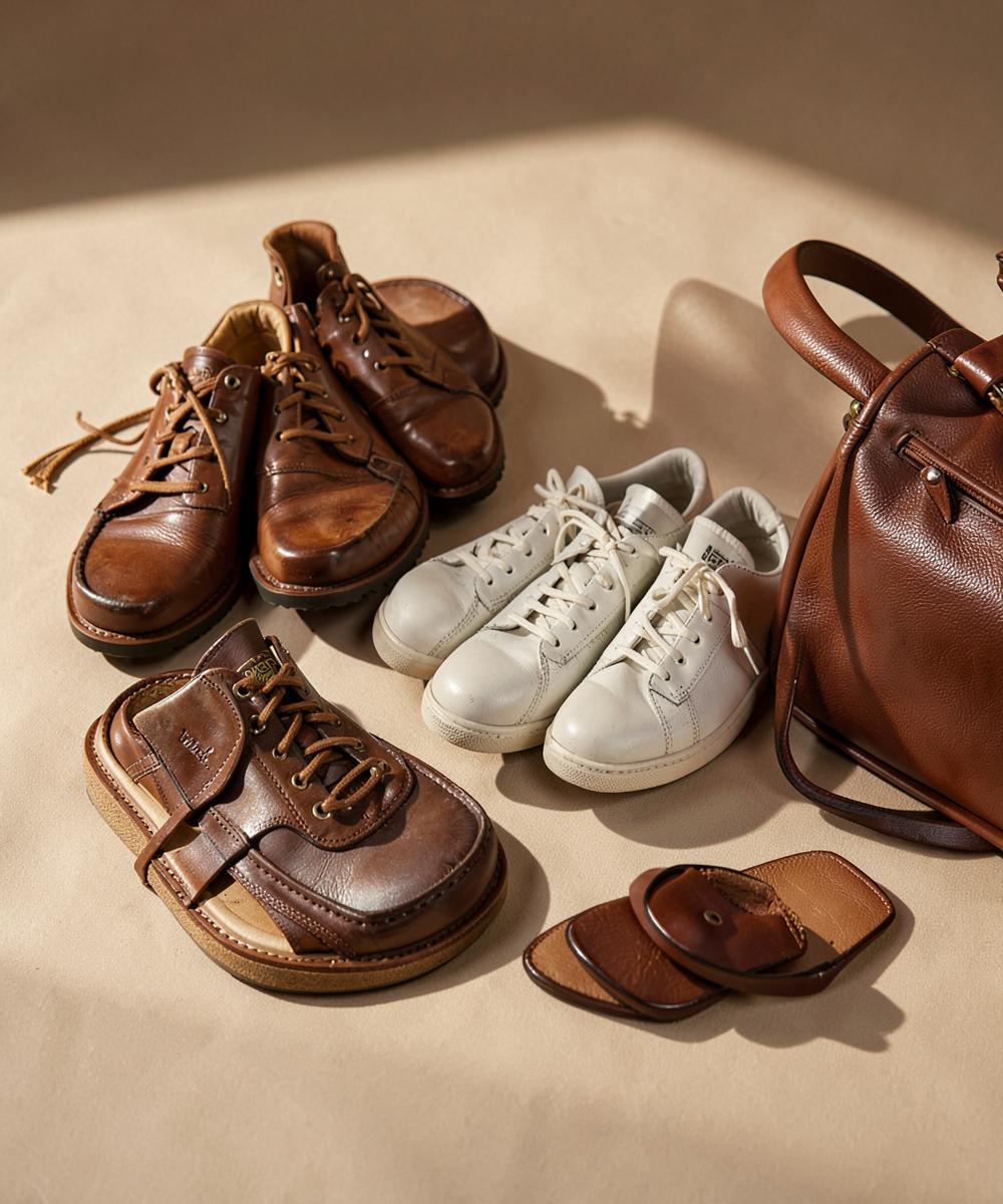 Leather shoes, sneakers and a handbag arranged on a neutral backdrop