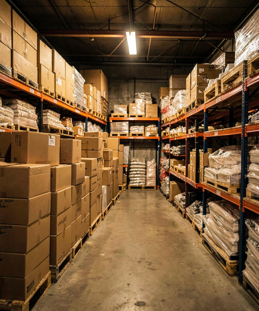 Stacked boxes and bulk stock in a wholesale storeroom