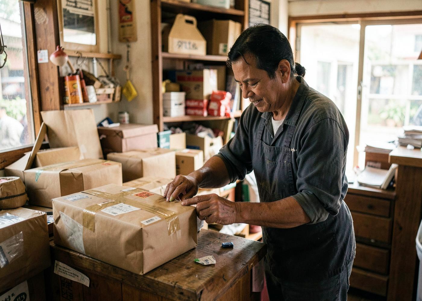 A shop owner taping a brown paper parcel at a counter, ready for dispatch